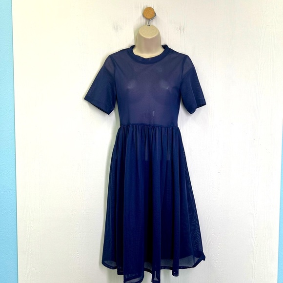 H&M - Dark Blue Crewneck Mesh Short Sleeve See Thru Midi Dress Size 2 - Picture 2 of 9